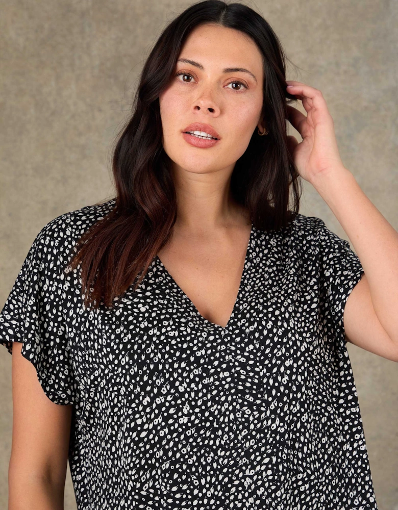 Black Ditsy Print V Neck Top