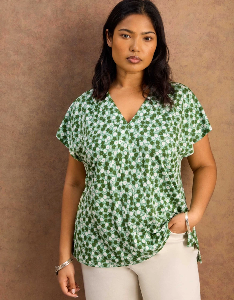 Green Ditsy V Neck Jersey Top