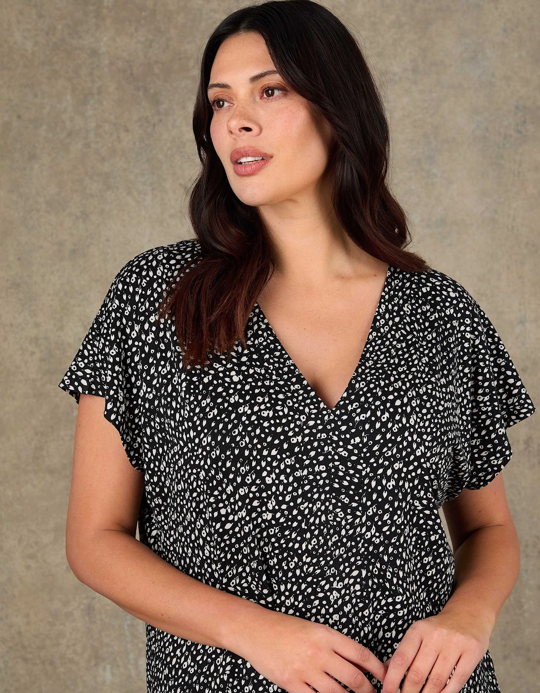 Black Ditsy Print V Neck Top