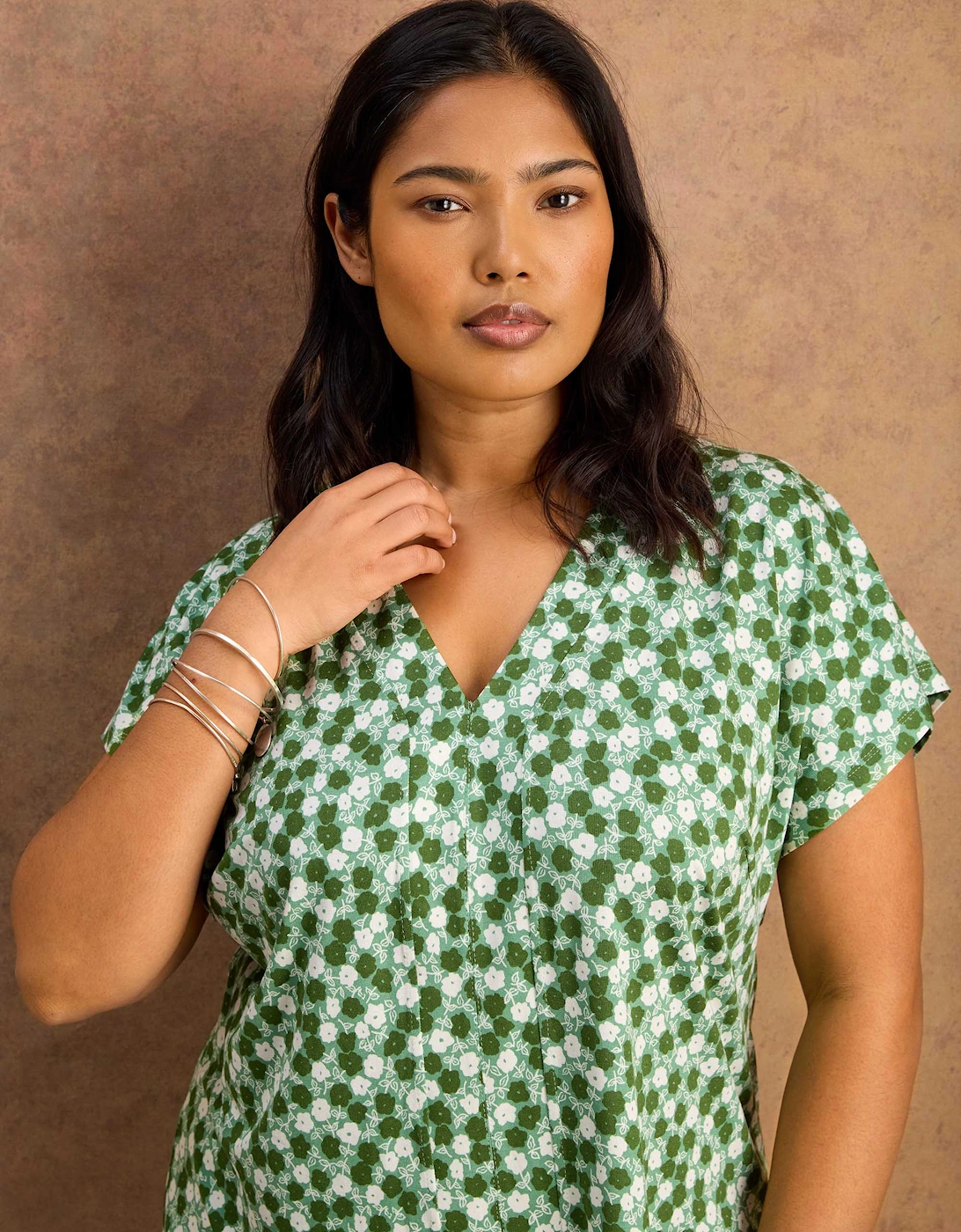 Green Ditsy V Neck Jersey Top