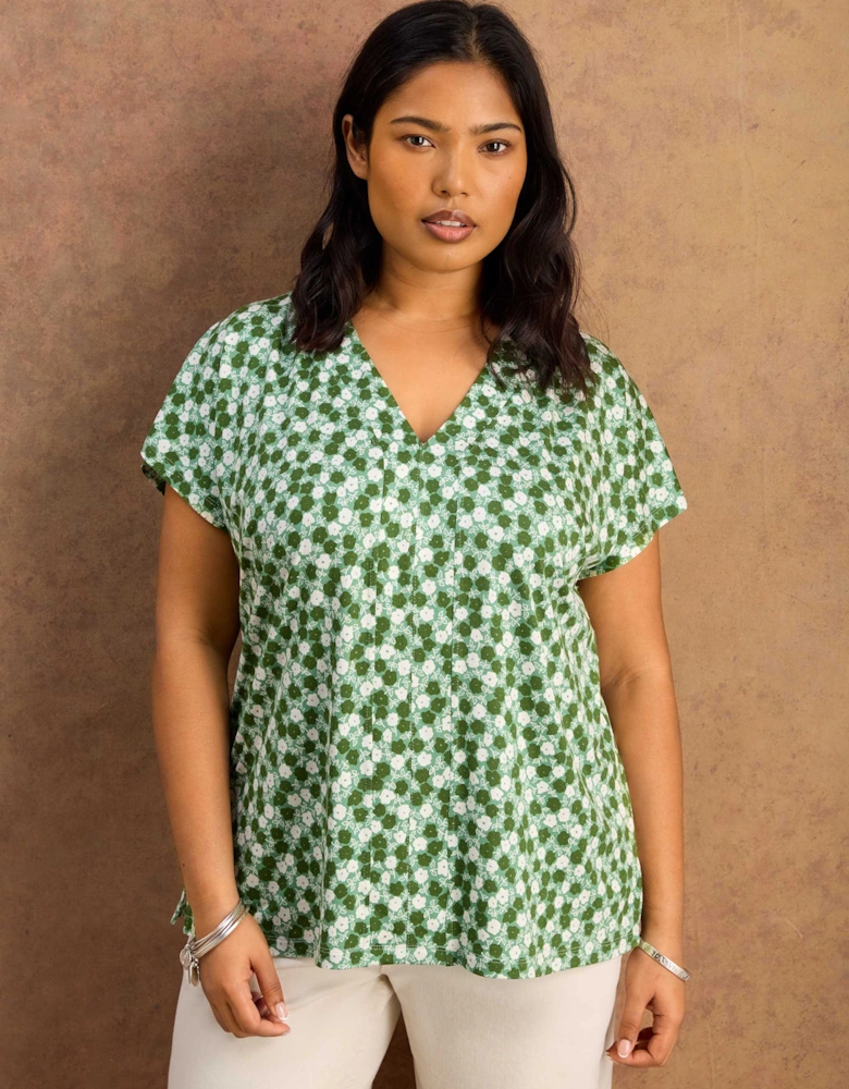 Green Ditsy V Neck Jersey Top