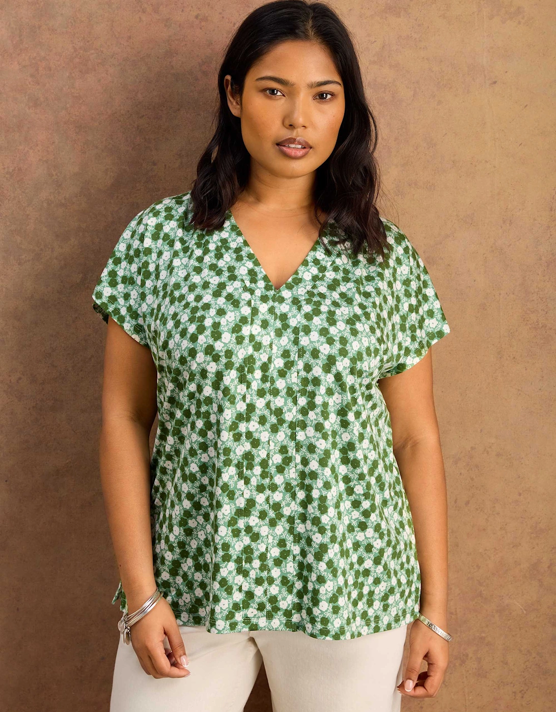 Green Ditsy V Neck Jersey Top