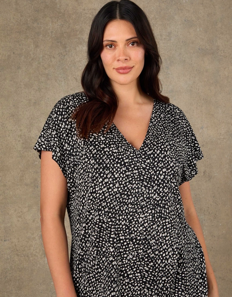 Black Ditsy Print V Neck Top