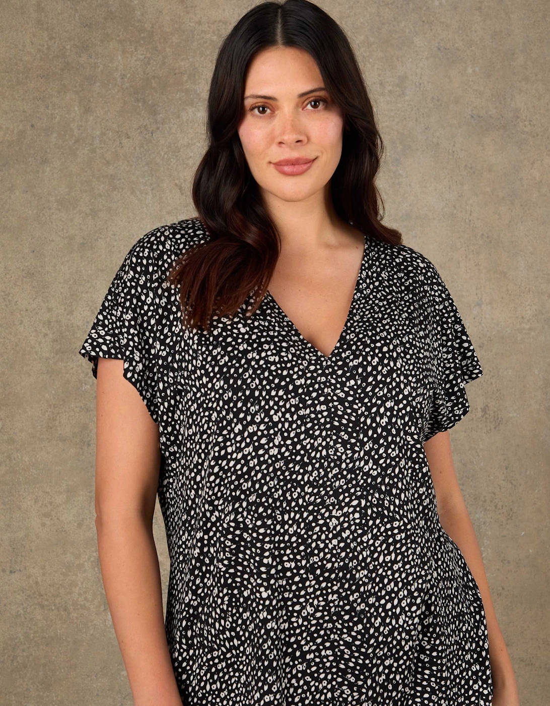Black Ditsy Print V Neck Top