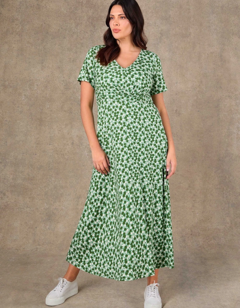 Green Ditsy Twist Wrap Jersey Midaxi Dress