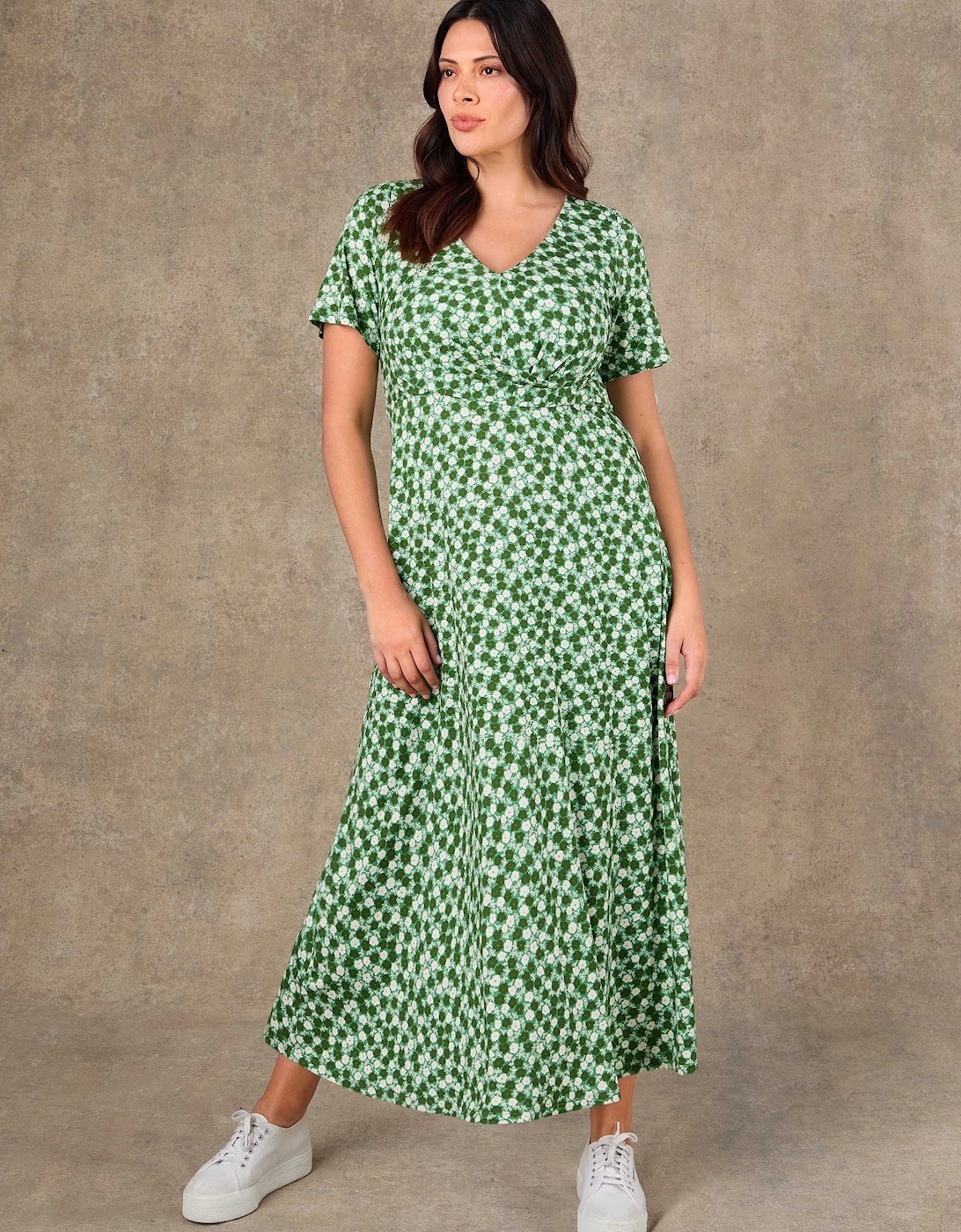 Green Ditsy Twist Wrap Jersey Midaxi Dress