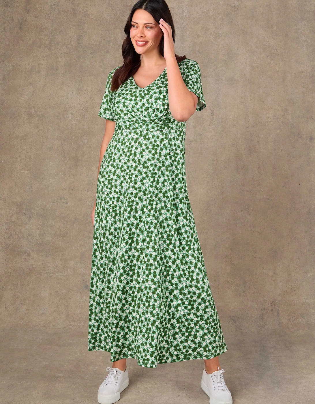 Green Ditsy Twist Wrap Jersey Midaxi Dress