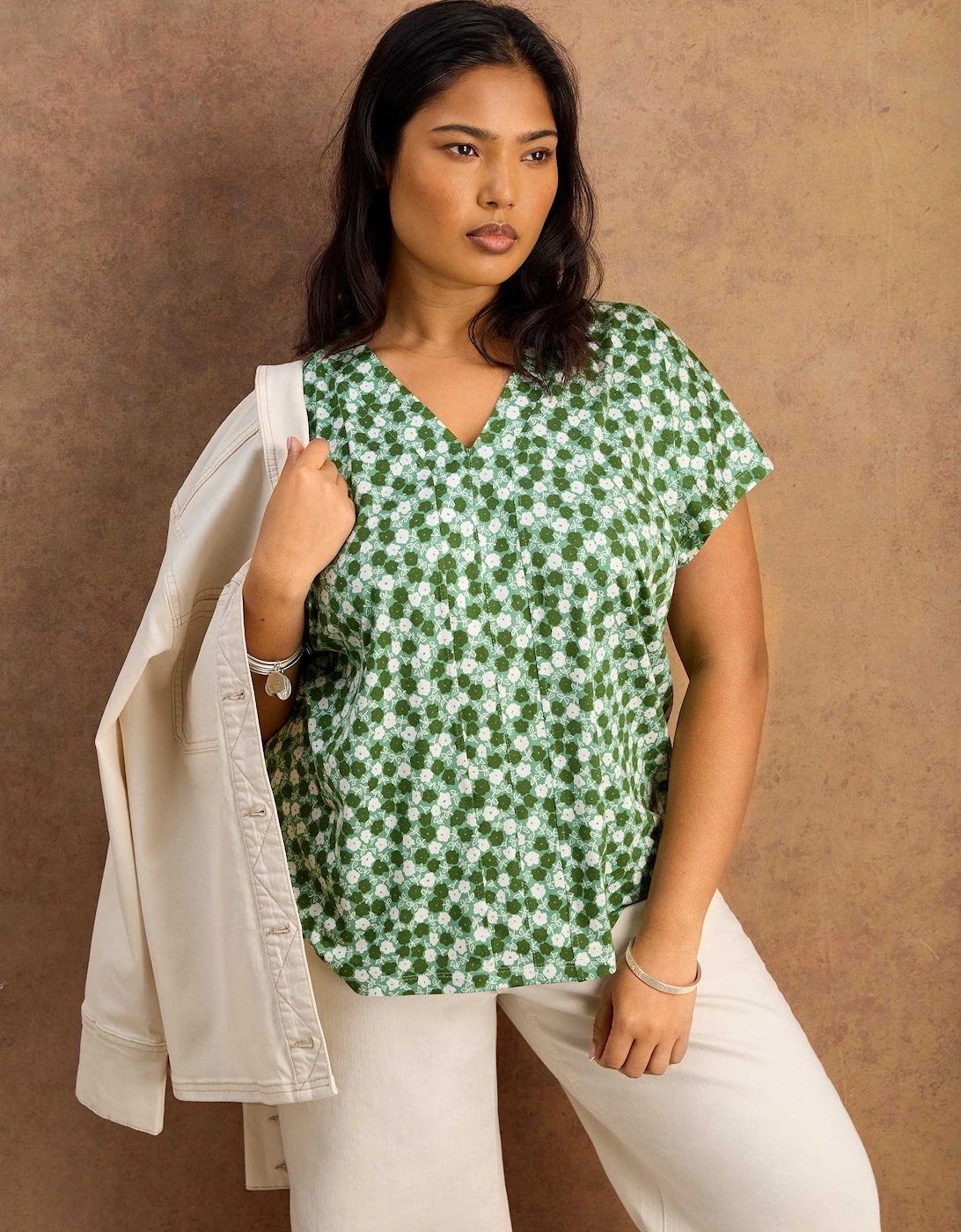 Green Ditsy V Neck Jersey Top