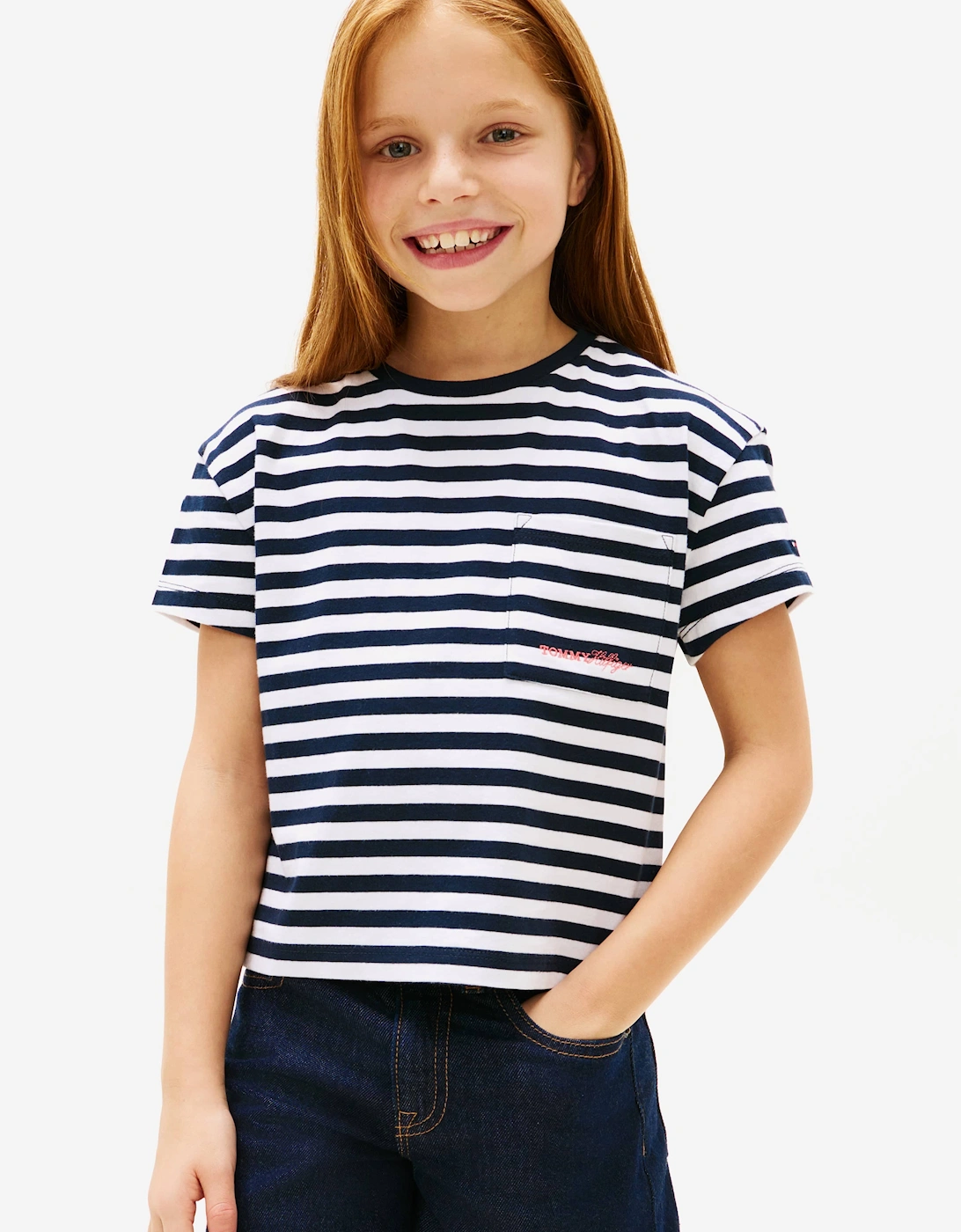Tommy Hilfiger Girls Striped Cotton T-Shirt in Navy