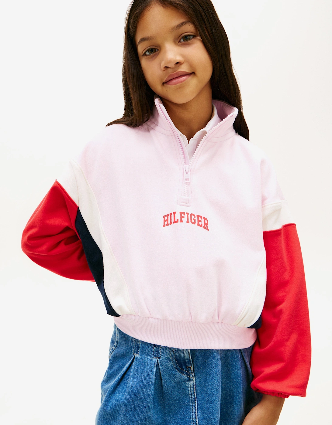 Tommy Hilfiger Girls Varsity Half Zip Sweatshirt in Pink