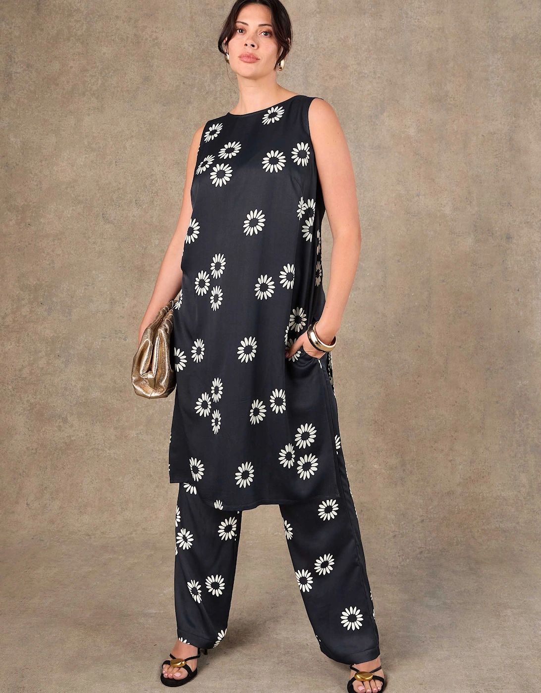 Black Floral Print Side Split Tunic