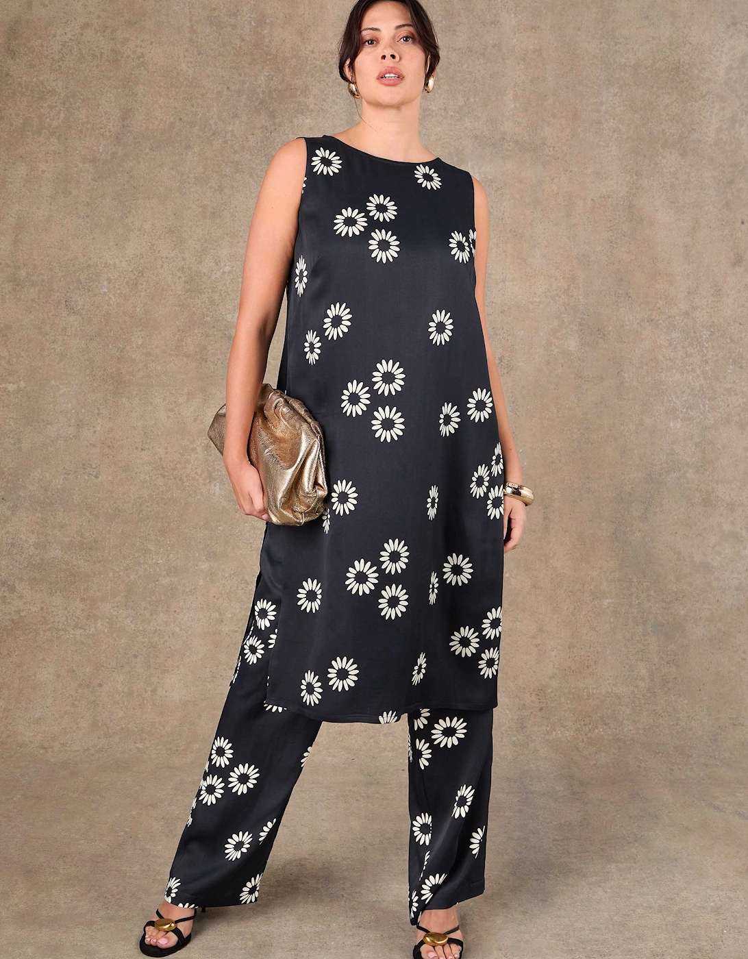 Black Floral Print Side Split Tunic
