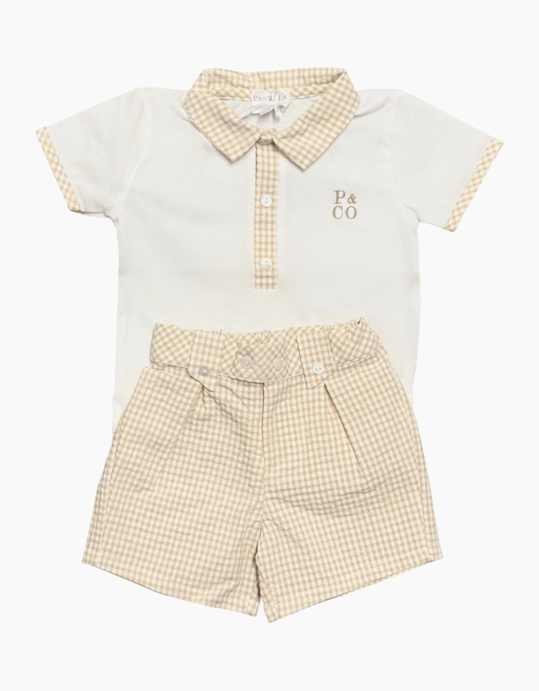 Boys Beige Gingham Polo Short Set