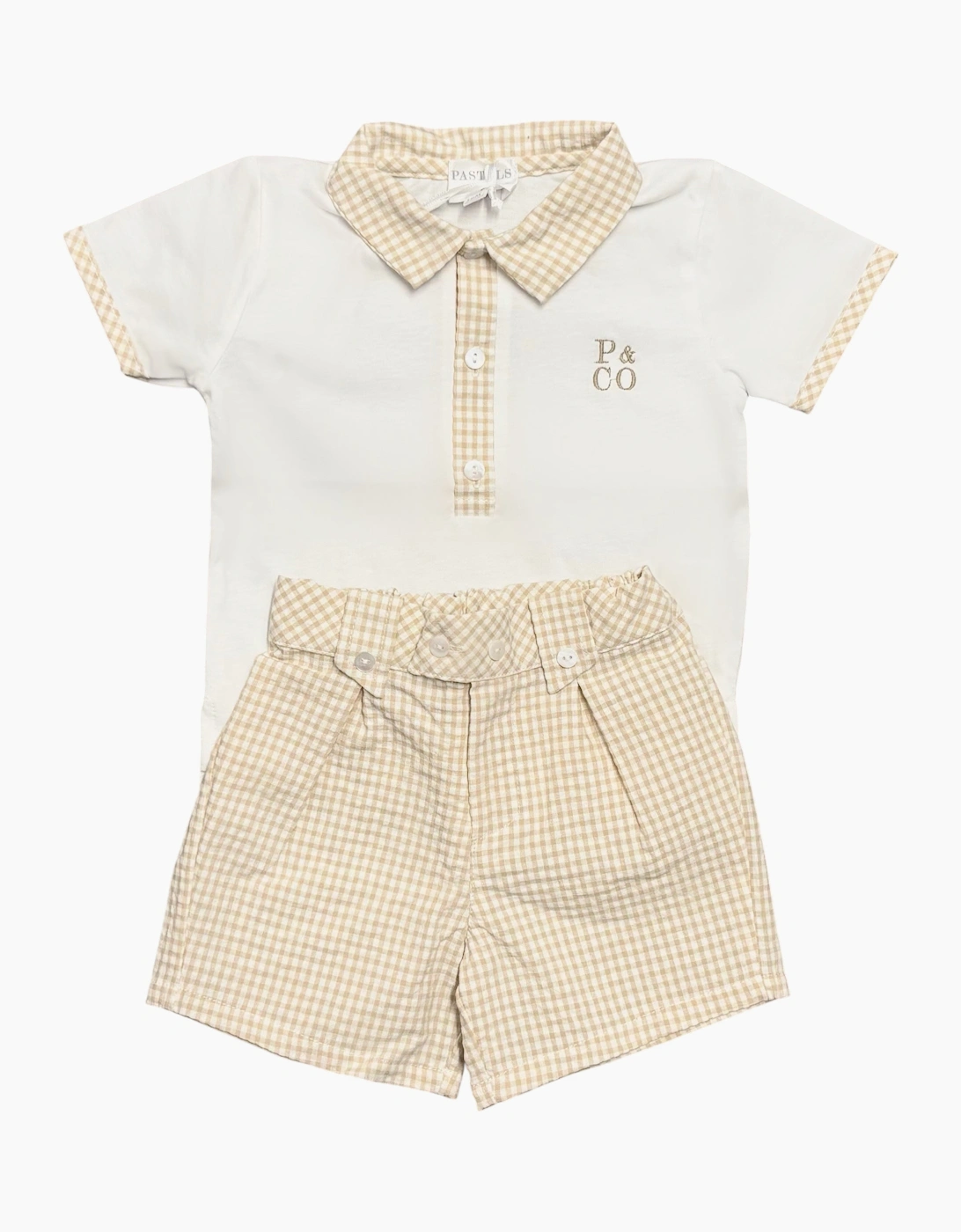 Boys Beige Gingham Polo Short Set
