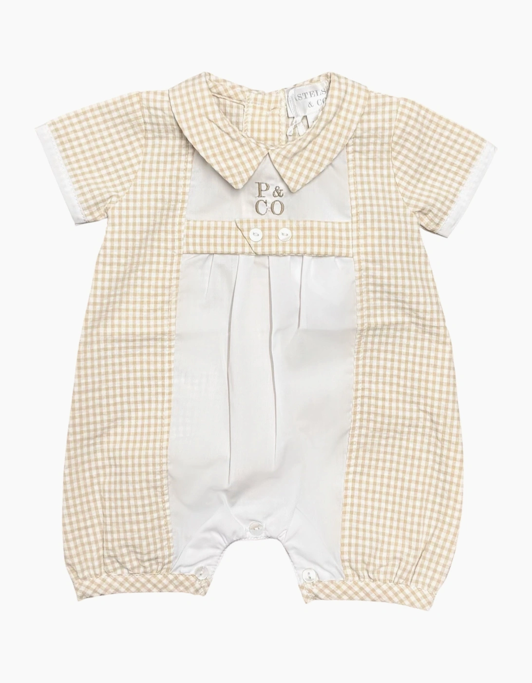 Boys Beige Gingham Romper, 2 of 1