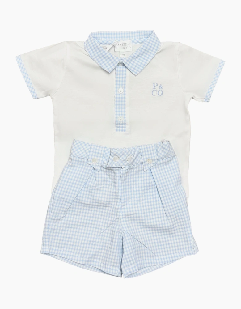Boys Pale Blue Gingham Polo Short Set
