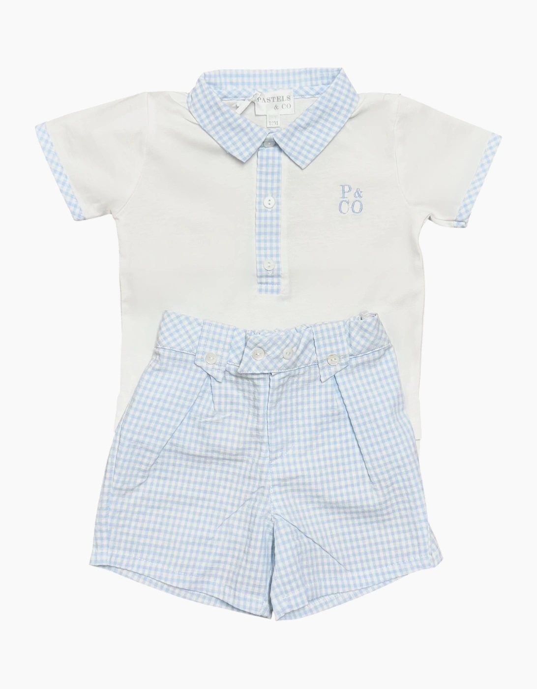 Boys Pale Blue Gingham Polo Short Set
