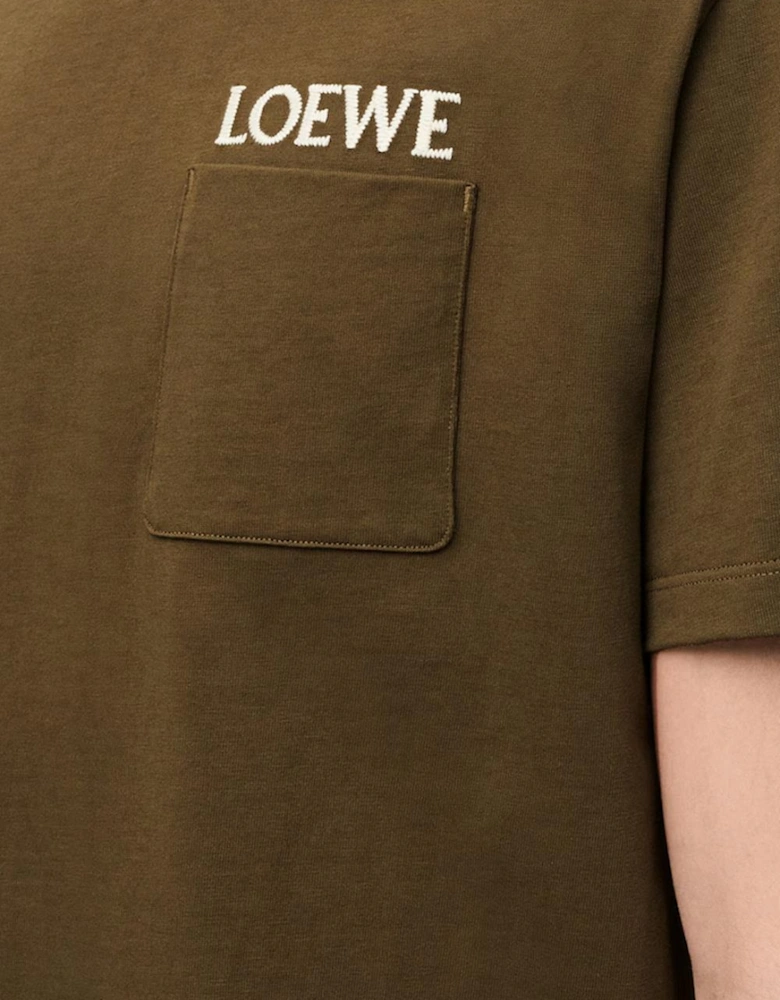 Loewe Pocket Embroidered Logo T-Shirt in Khaki Green