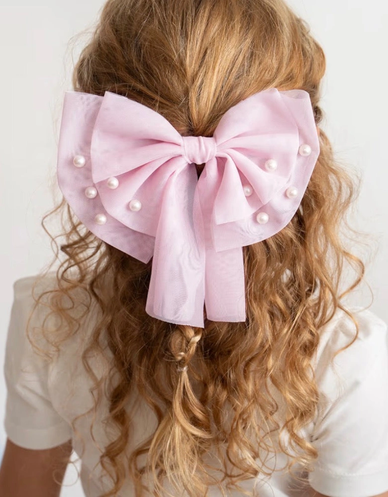 Girls Pale Pink Tulle Hair Bow Clip