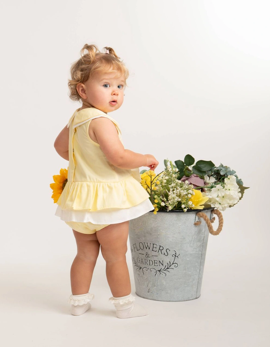 Girls Yellow Lemon Woven Sailor Collared Romper