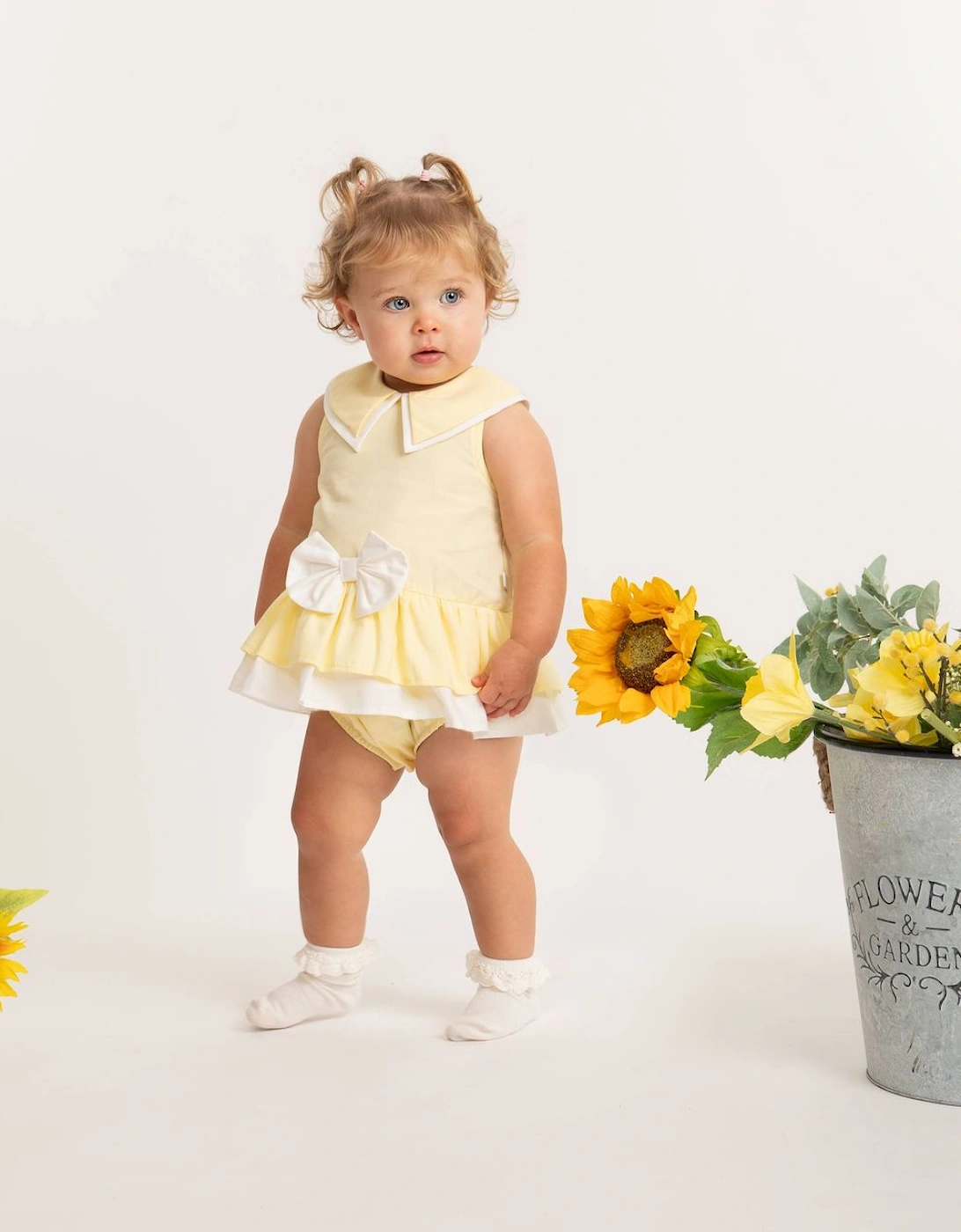 Girls Yellow Lemon Woven Sailor Collared Romper