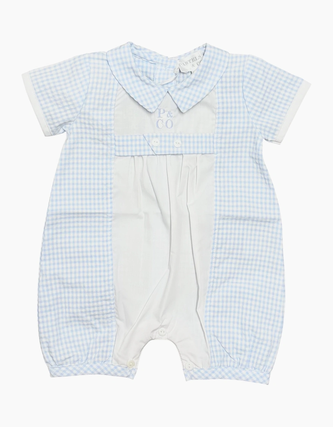 Boys Pale Blue Gingham Romper, 2 of 1