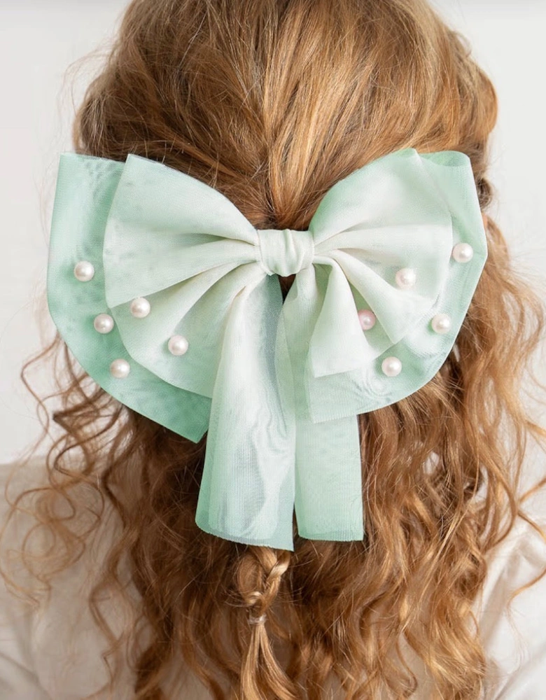 Girls Mint Green Tulle Hair Bow Clip
