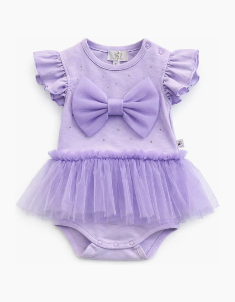 Girls Purple Lilac Stretch Jersey Tulle Bow Romper