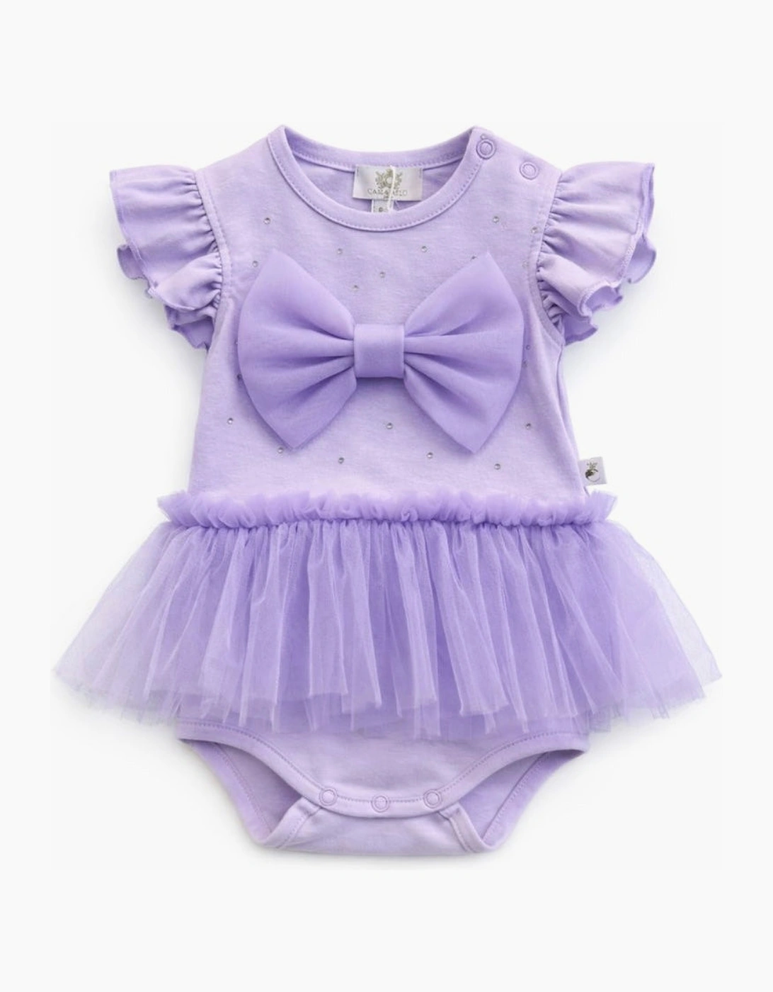 Girls Purple Lilac Stretch Jersey Tulle Bow Romper, 2 of 1