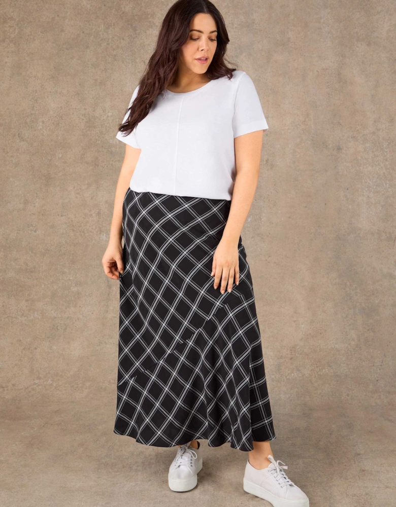 Black Check Bias Cut Flared Midaxi Skirt
