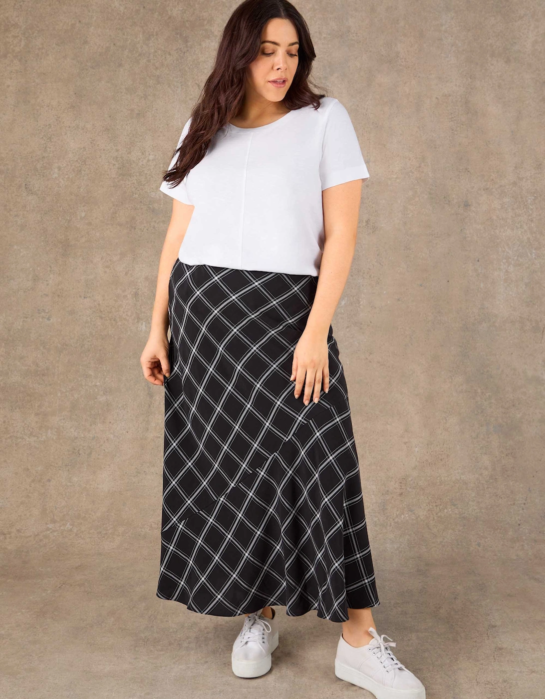Black Check Bias Cut Flared Midaxi Skirt