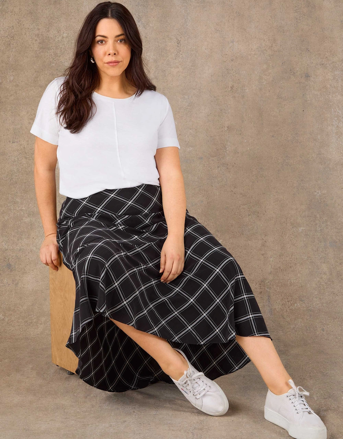 Black Check Bias Cut Flared Midaxi Skirt