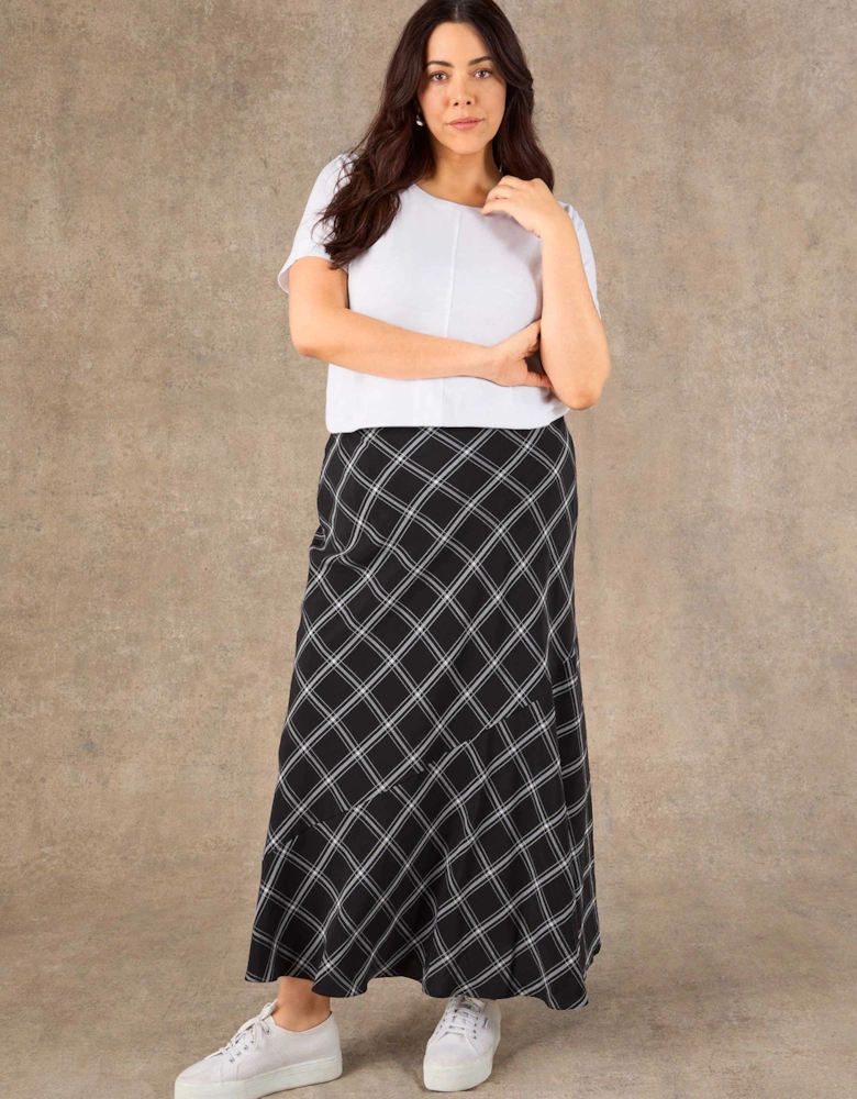 Black Check Bias Cut Flared Midaxi Skirt