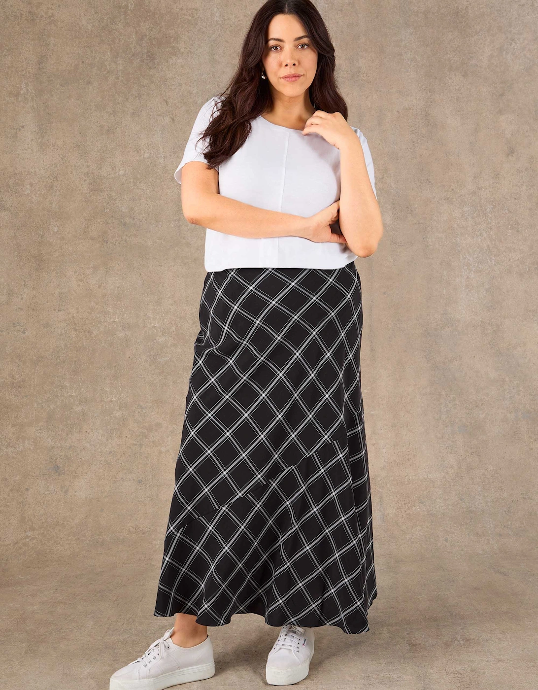 Black Check Bias Cut Flared Midaxi Skirt