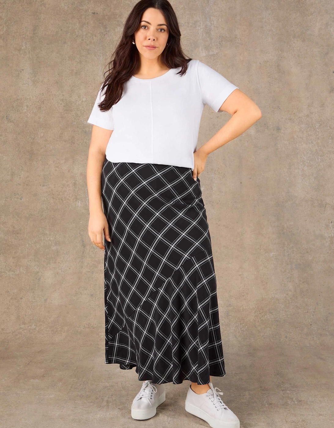 Black Check Bias Cut Flared Midaxi Skirt