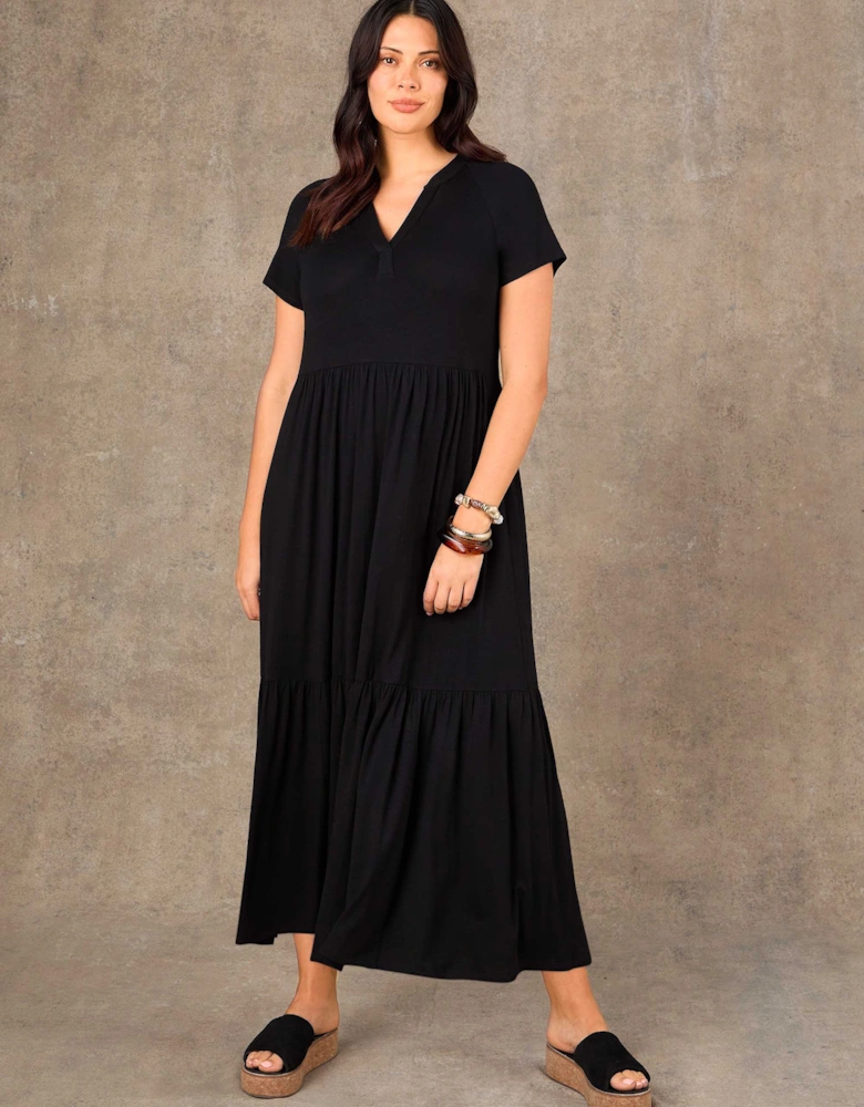 Petite Black Nehru Collar Tiered Maxi Dress