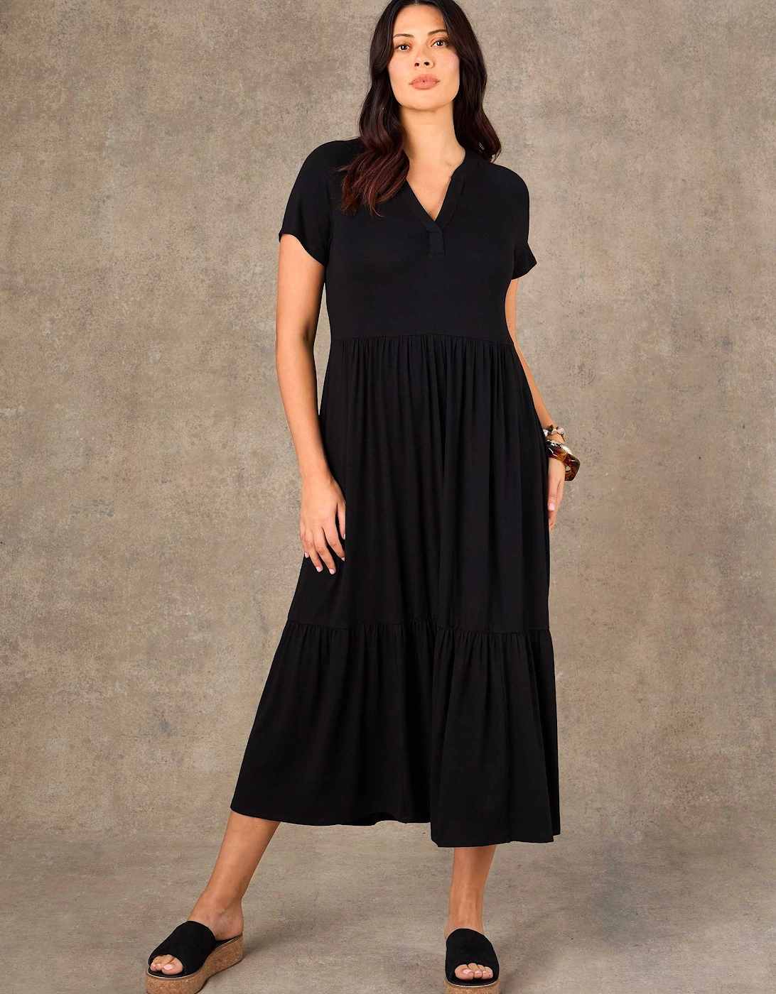 Petite Black Nehru Collar Tiered Maxi Dress