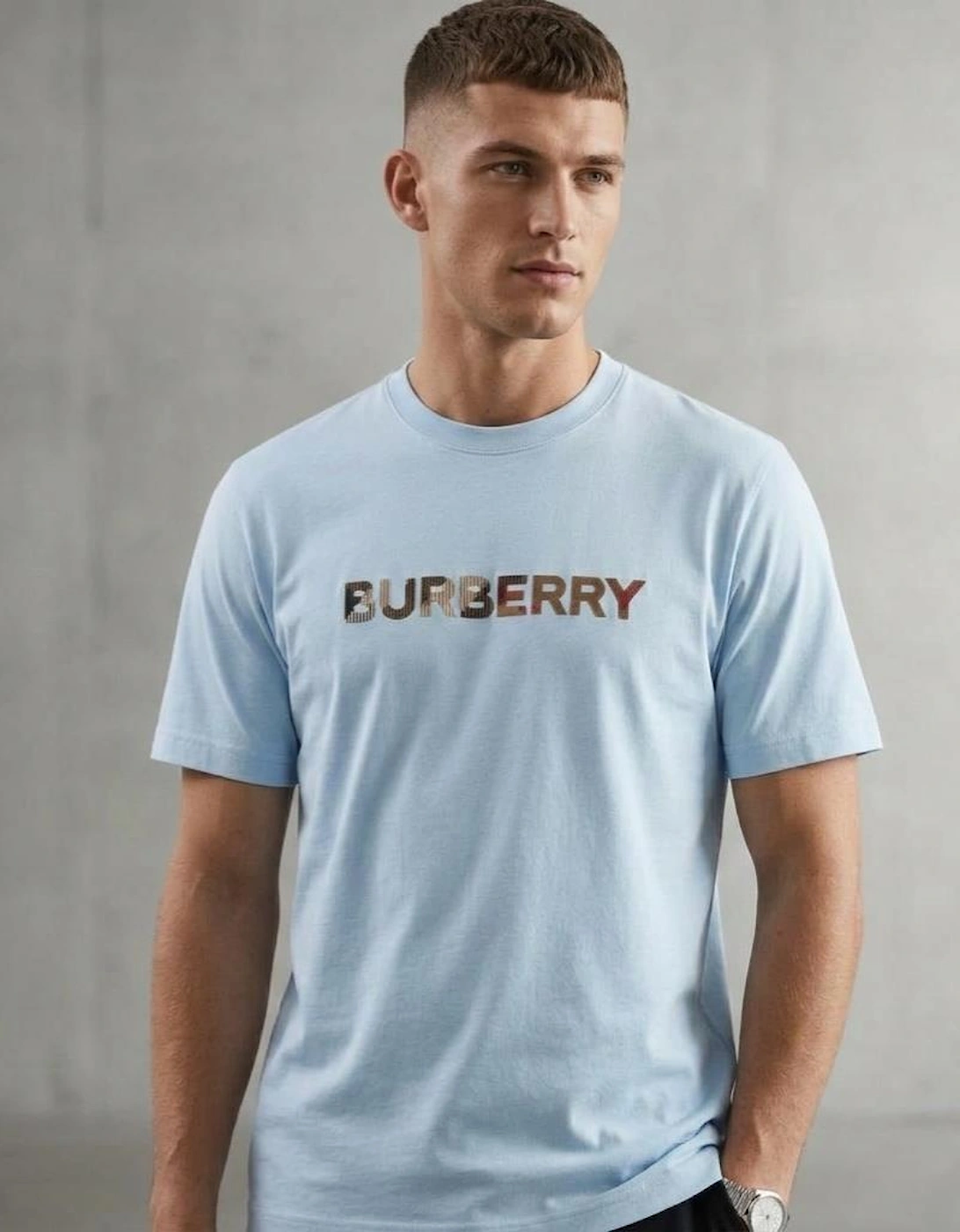 Burberry Check Logo Embroidered T Shirt Pale Blue