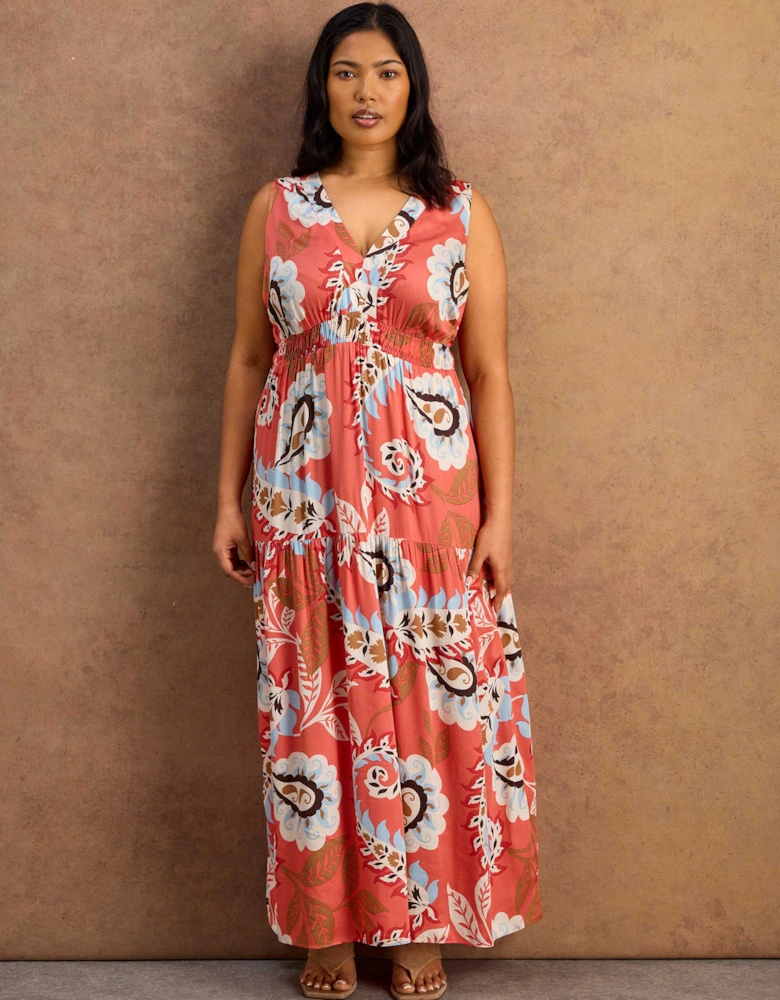 Petite Coral Paisley Print Tiered Maxi Dress