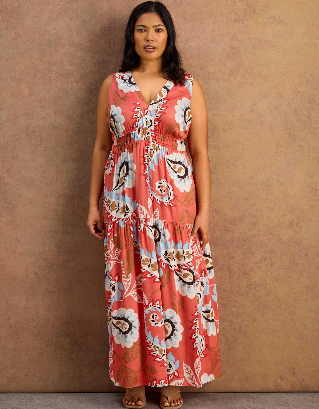 Petite Coral Paisley Print Tiered Maxi Dress
