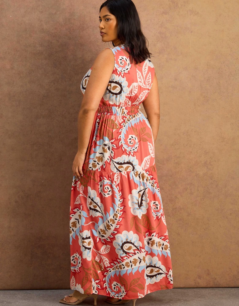 Petite Coral Paisley Print Tiered Maxi Dress