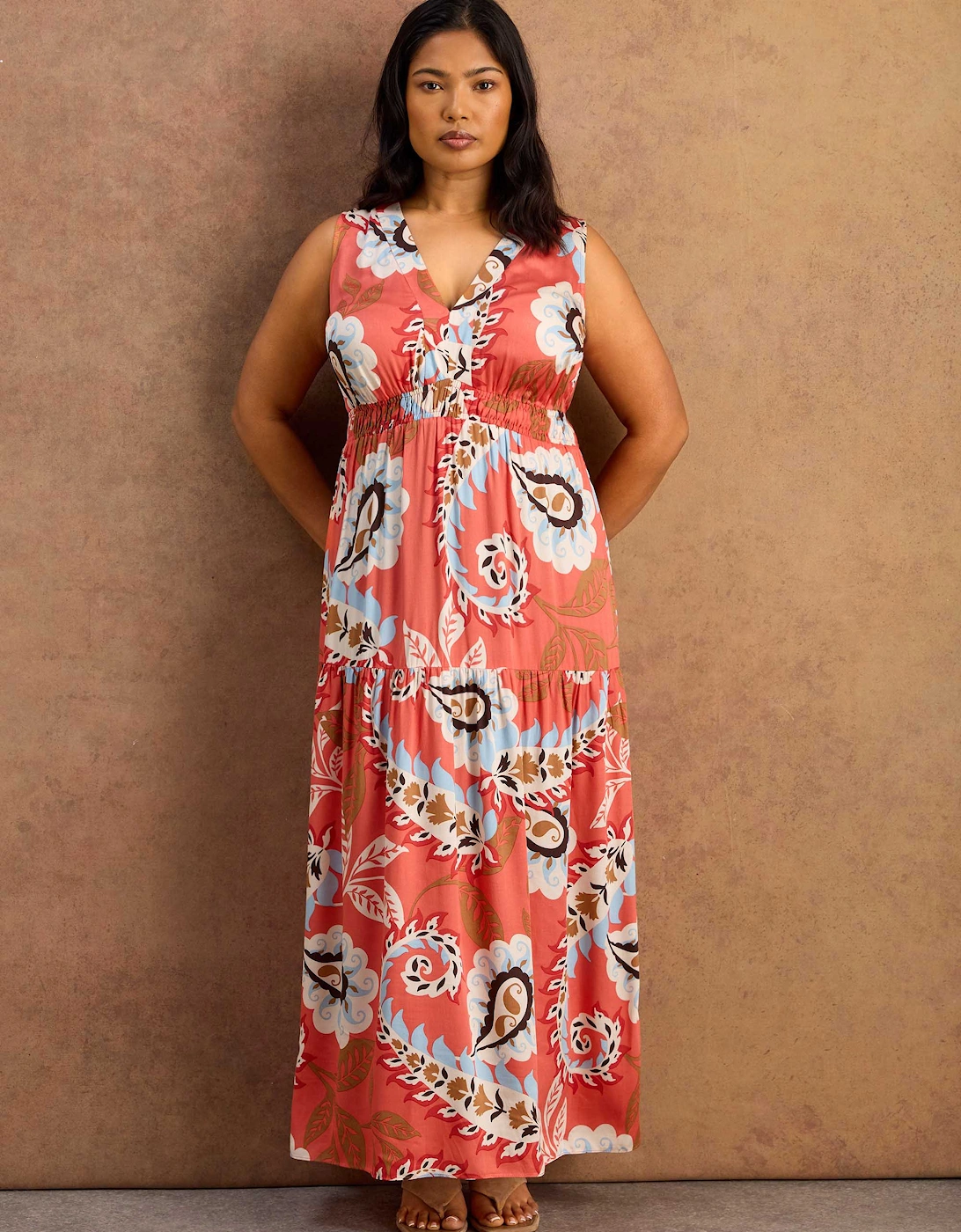Petite Coral Paisley Print Tiered Maxi Dress