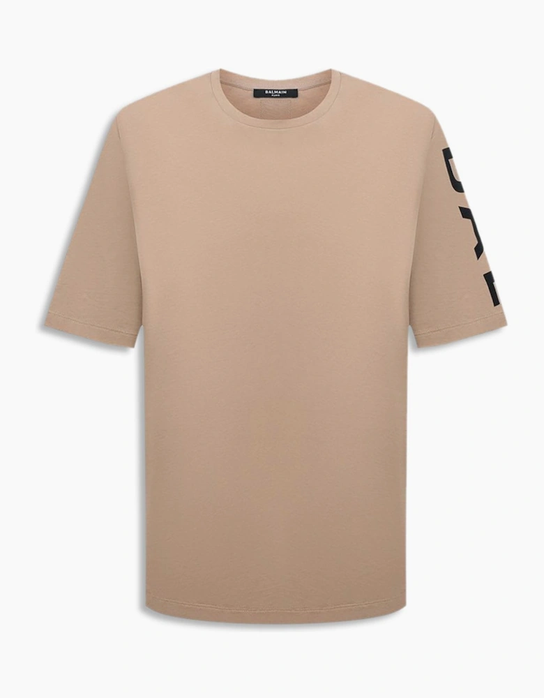 Men's Sand Balmain Logo Printed Oversize T-Shirt