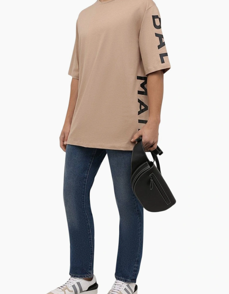 Men's Sand Balmain Logo Printed Oversize T-Shirt