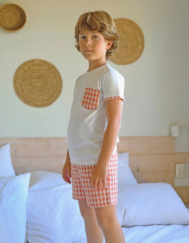 Boys Orange Check Soft Cotton Short Set