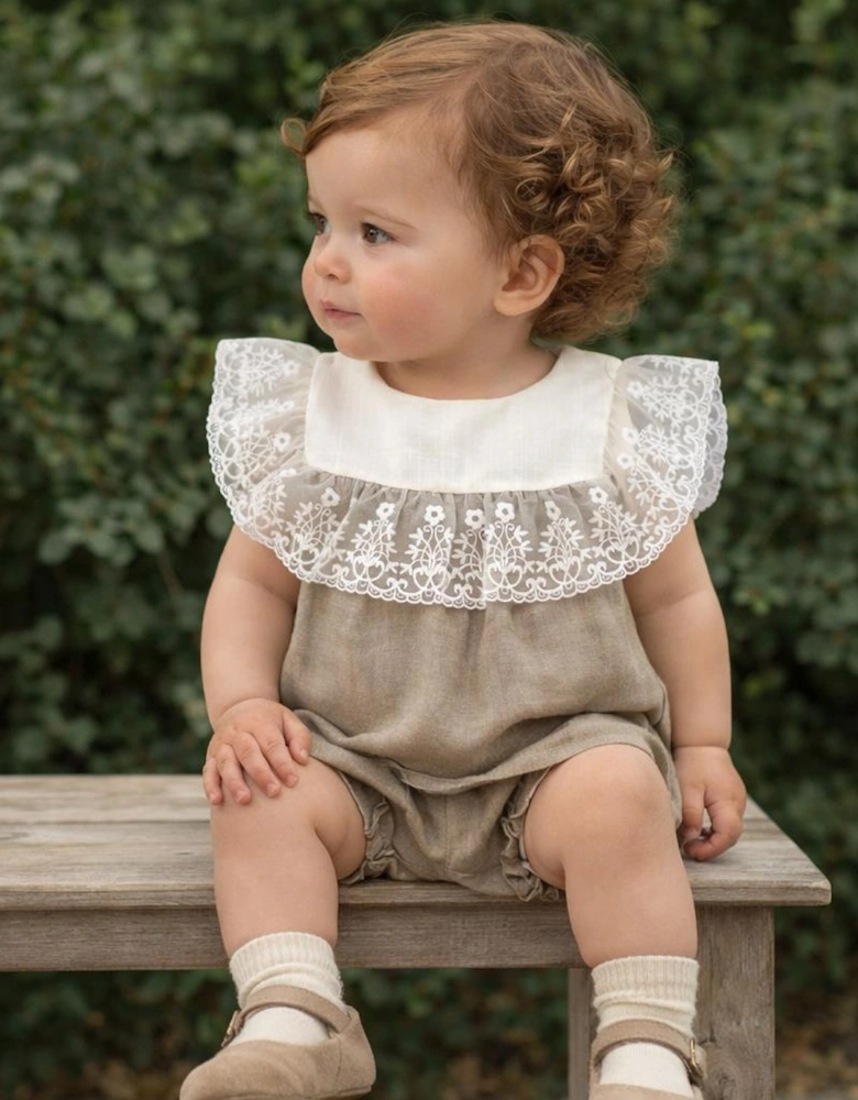 Girls Beige Linen Lace Jam Pant Set