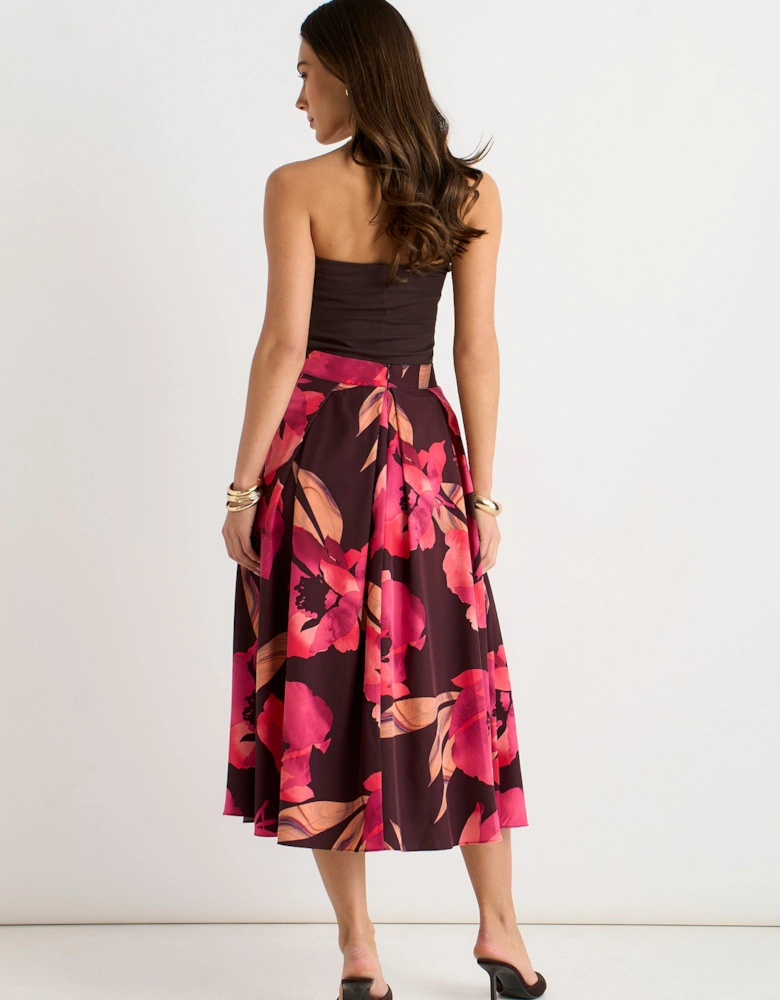 Brown Large Floral Box Pleat Midi Skirt
