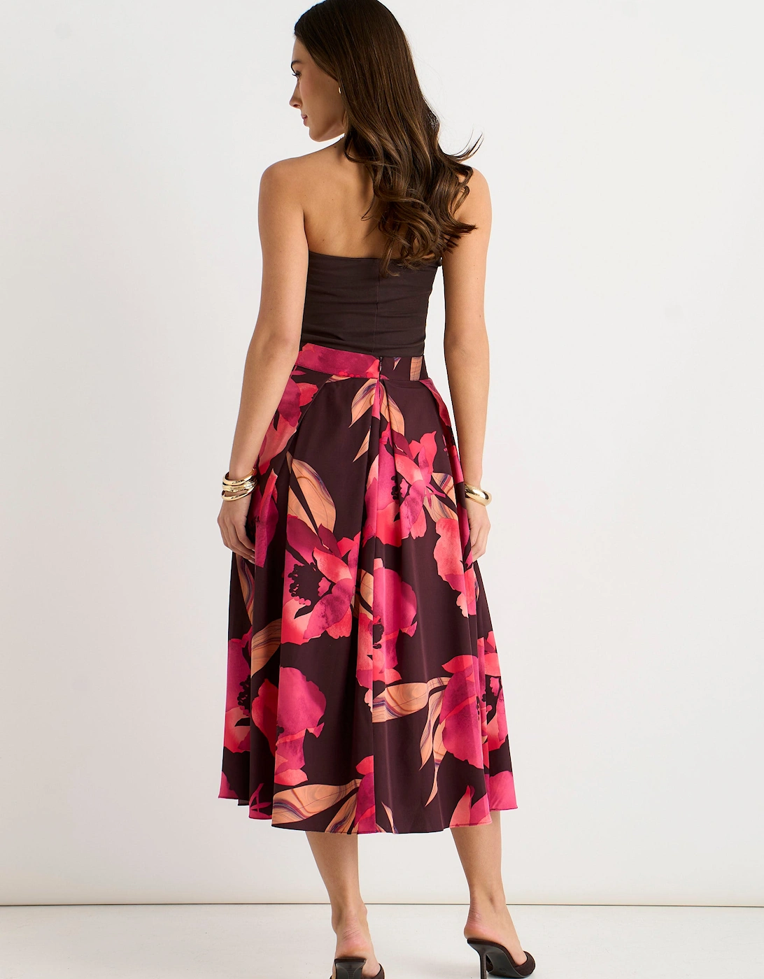 Brown Large Floral Box Pleat Midi Skirt