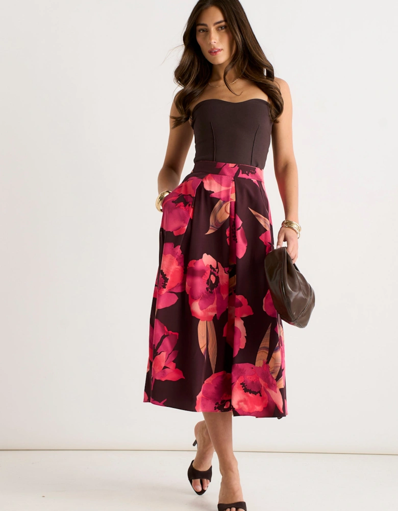 Brown Large Floral Box Pleat Midi Skirt