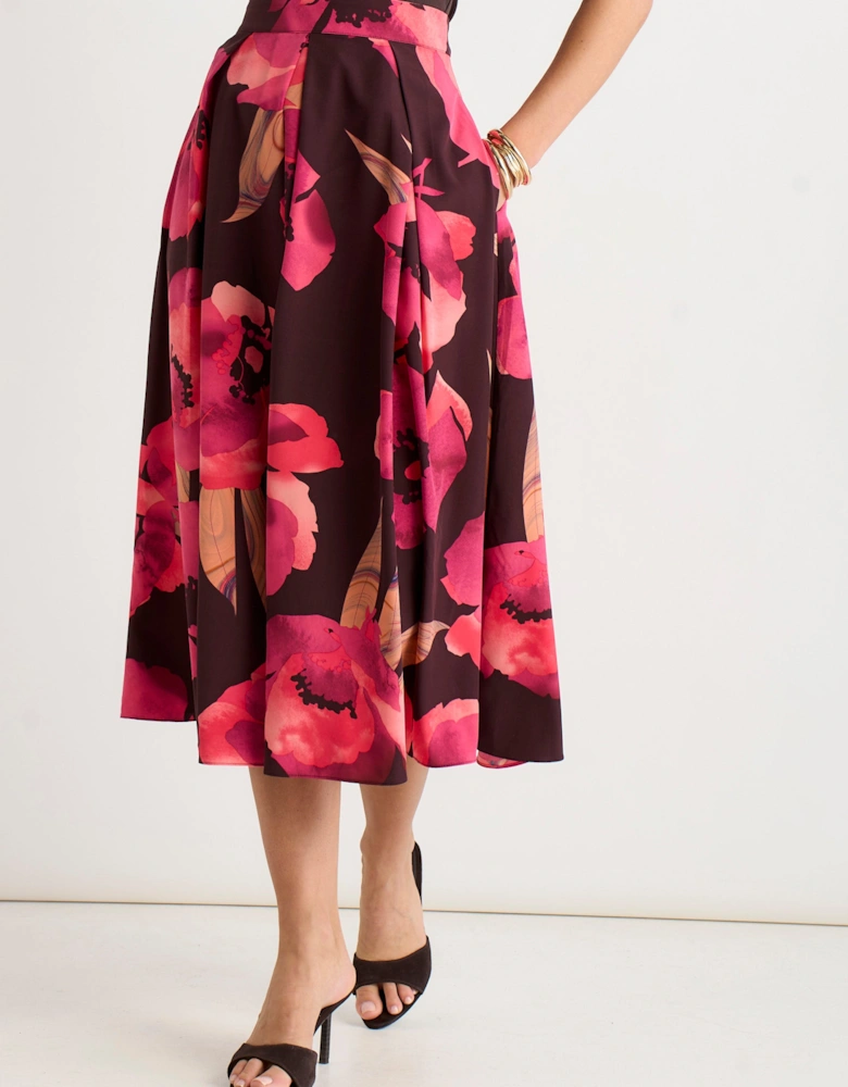 Brown Large Floral Box Pleat Midi Skirt
